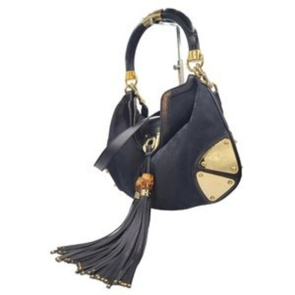 Gucci Guccissima Indy Hobo Bag with Top Handle Bamboo & Tassels Black 177139 - Picture 3 of 12